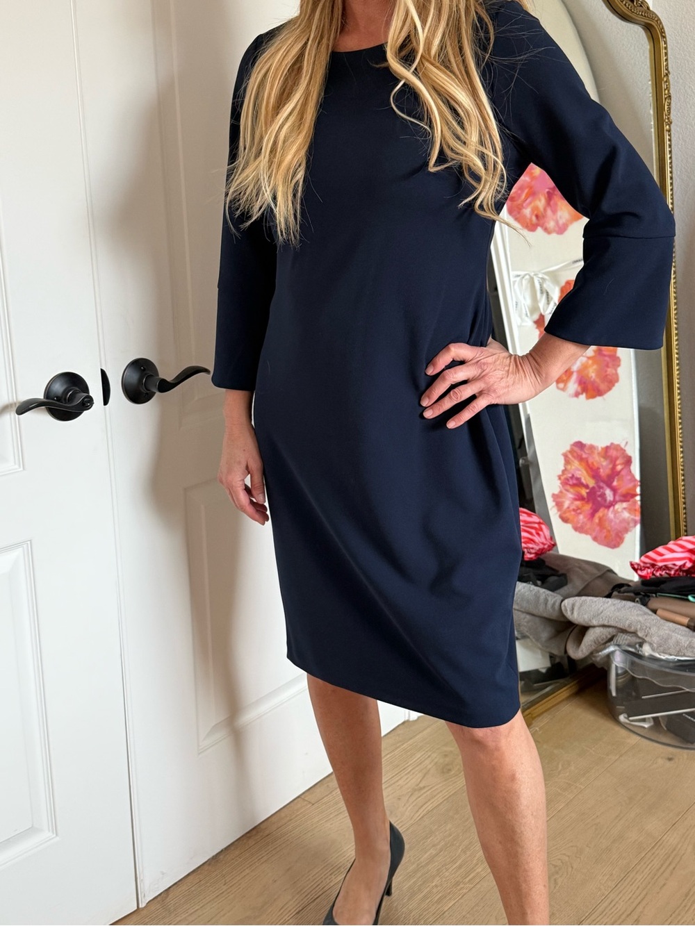 Vintage Calvin Klein Classic Navy Shift Dress with Three-Quarter Sleeves